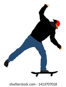 Extreme sport game, skateboarder in skate park, air jump trick. Skateboard vector illustration isolated on white background. Outdoor urban action. Sport accident. Injured athlete. Man acrobat skills.