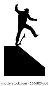 Extreme sport game, skateboarder in skate park, air jump trick. Skateboard vector silhouette illustration isolated on white background. Outdoor urban danger action. Skate park sport recreation.