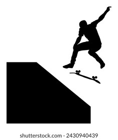 Extreme sport game, skateboarder in skate park, air jump trick. Skateboard vector silhouette illustration isolated on white background. Outdoor urban danger action. Skate park sport recreation.