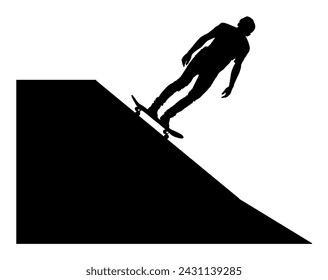 Extreme sport game, skateboarder in skate park, air jump trick. Skateboard vector silhouette illustration isolated on white background. Outdoor urban danger action. Skate park sport recreation.