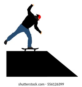 Extreme sport game, skateboarder in skate park, air jump trick. Skateboard vector illustration isolated on white background. Outdoor urban action.