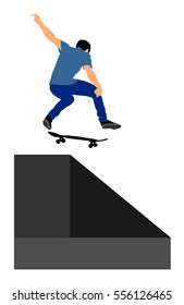 Extreme sport game, skateboarder in skate park, air jump trick. Skateboard vector illustration isolated on white background. Outdoor urban action.