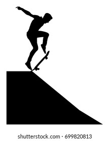 Extreme sport game, skateboarder in skate park, air jump trick. Skateboard vector silhouette, black illustration isolated on white background. Outdoor urban danger action. Skate park sport recreation.