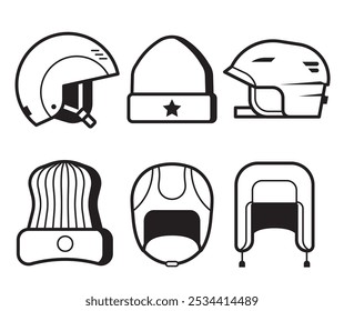 Extreme sport head wear icon set. Skiing and snowboarding helmets and caps line icons. Snowboarder protective hat in outline design. Winter activity headgear in monochrome.