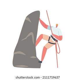 Extreme Sport, Hiking and Leisure Activity Concept. Young Climber Male Character Climbing the Mountain. Man with a Rope Having Recreation in Park or on Nature. Cartoon People Vector Illustration