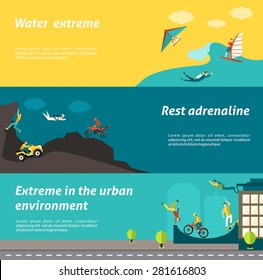 Extreme sport horizontal banner set with water urban adrenaline adventure elemetns isolated vector illustration