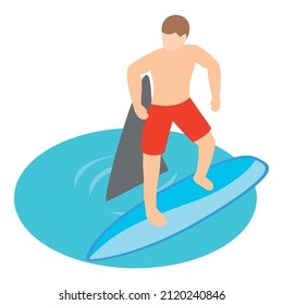 Extreme sport icon isometric vector. Surfer boy close encounter with shark icon. Water sport, hobby, summer vacation, surf boarding