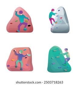 Extreme sport icons set cartoon vector. Climber moving up an artificial wall. Bouldering, hobby