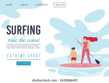 Extreme Sport Landing Page Offers Surfing. Summer Time Family Active Vacation. Cartoon Mother and Son Characters Ride Wave. Motivate Banner Template for Tour Agency. Vector Flat Illustration