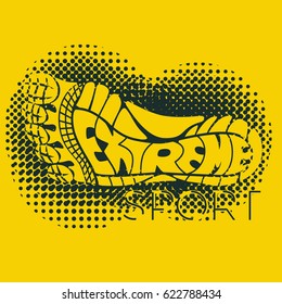 Extreme sport logo. Lettering composition with the imprint sole of a sports shoe with toes and grunge patterns isolated on color background. Best for sports team emblem, print design for t-shirt.