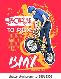 Extreme sport motivational quote, poster. Vector illustration of young bmx rider jumping on bike