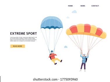 Extreme sport - parachute and skydiving for aged elderly people website banner with cartoon characters of senior active couple, flat vector illustration.