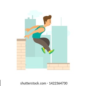 Extreme sport parkour, man running by roof, buildings and skyscrapers. Person in sportwear jumping on skyscrapers, freerunning vector. Parkourman hops from building to building in order to break