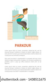 Extreme sport parkour poster decorated by man running by roof, buildings and skyscrapers. Person in sportwear jumping on skyscrapers, freerunning vector