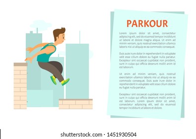 Extreme sport parkour poster decorated by man running by roof, buildings and skyscrapers. Person in sportwear jumping on skyscrapers, freerunning vector