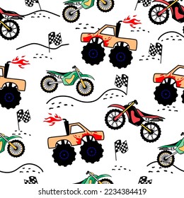 Patrón deportivo extremo para ropa infantil, impresión, tela, cubierta. Patrón de coche monstruo. Caricatura de Motocross y trofeo sobre patrón blanco. Deportes de motocross extremo. 