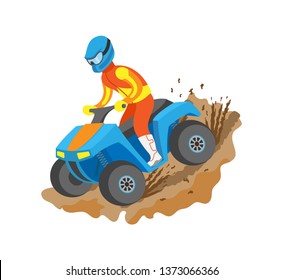 Extreme sport quad biking, man in bright suit and helmet standing on bike, championship or rally, flat view of person on atv driving by mud vector