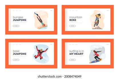 Extreme Sport and Recreation Landing Page Template Set. Characters Bungee and Cliff Jump, Parachuting Base Jumping, Surfing and Mountain Bike Sports Xtreme Activity. Cartoon People Vector Illustration