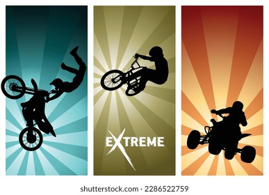 Extreme Sport Ride Silhouettes - Motocross, BMX bike, Quad Vector Illustration