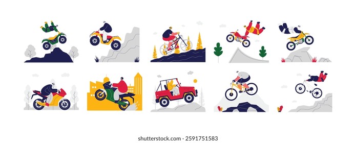 Extreme sport of riding bicycles, motorbikes and cars with difficult obstacles and high speed, vector illustration.
