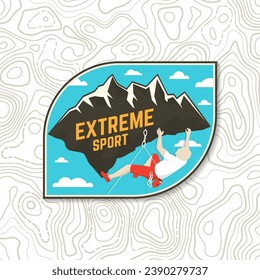Extreme sport, Rock Climbing club badge. Vector illustration. Concept for shirt or logo, print, stamp or tee. Vintage typography design with climber on the mountains. Outdoors adventure
