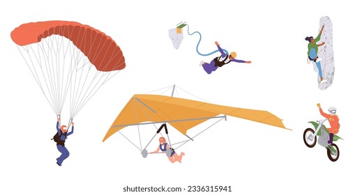 Extreme sport set people skydiving, freestyle motocross, rope or bungee jumping, rock climbing
