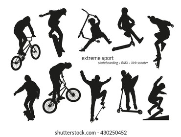 Extreme sport silhouette - skateboarding, kick scooter, BMX. Vector illustration