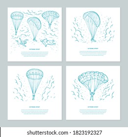 Extreme sport sketch set vector  templates. Skydivers flying with a para glider and parachute in the sky with clouds. Parachuting sport. Design for flyer, invitation, mailing, web banners, promotion