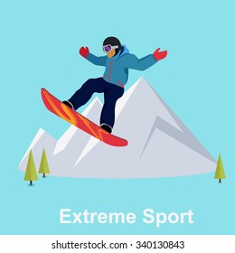 Extreme sport snowboard design. Snow and snowboard jump, snowboard isolated, surfing and winter, cold and mountain, speed board, season snowboarding, snowboarder illustration