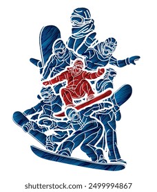 Extreme Sport Snowboard Players Mix Action Graffiti Snowboarder Cartoon Graphic Vector