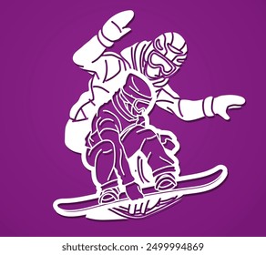 Extreme Sport Snowboard Players Mix Action Graffiti Snowboarder Cartoon Graphic Vector