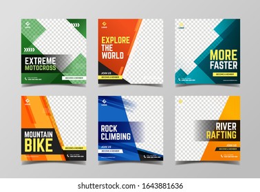 Extreme sport social media post template. Adventure, mountain climbing and motocross banner