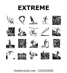 Extreme Sport Sportsman Activity Icons Set Vector. Bungee Jumping And Motocross, Wakeboarding And Ice Climbing, Skiing Windsurfing Extreme Sport. Sportive Active Glyph Pictograms Black Illustrations
