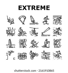 Extreme Sport Sportsman Activity Icons Set Vector. Bungee Jumping And Motocross, Wakeboarding And Ice Climbing, Skiing And Windsurfing Extreme Sport. Sportive Active Black Contour Illustrations