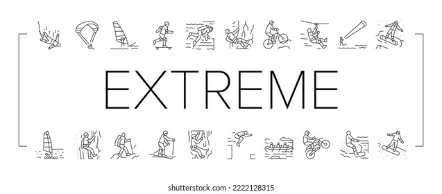 Extreme Sport Sportsman Activity Icons Set Vector. Bungee Jumping And Motocross, Wakeboarding And Ice Climbing, Skiing And Windsurfing Extreme Sport. Sportive Active Black Contour Illustrations