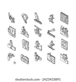 Extreme Sport Sportsman Activity isometric icons set. Bungee Jumping And Motocross, Wakeboarding And Ice Climbing, Skiing And Windsurfing Extreme Sport. Sportive Active Color