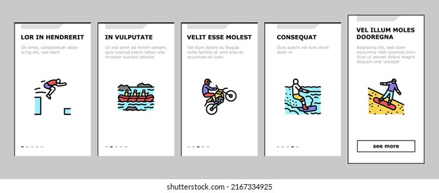 Extreme Sport Sportsman Activity Onboarding Mobile App Page Screen Vector. Bungee Jumping And Motocross, Wakeboarding And Ice Climbing, Skiing Windsurfing Extreme Sport. Sportive Active Illustrations