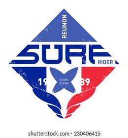 Extreme sport t-shirt design. Surf tee print. Surfing vector label with surfboards. Vintage graphics.