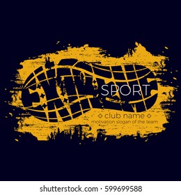 Extreme sport vector logo. Lettering composition with the imprint sole of a sports shoe isolated on color background. Best for sports team emblem, banner, print design for t-shirt.