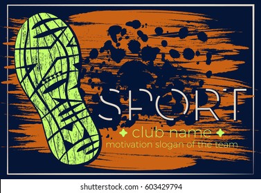 Extreme sport vector logo. Lettering composition with the imprint sole of a sports shoe and grunge patterns isolated on color background. Best for sports team emblem, banner, print design for t-shirt.