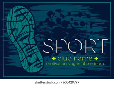 Extreme sport vector logo. Lettering composition with the imprint sole of a sports shoe and grunge patterns isolated on color background. Best for sports team emblem, banner, print design for t-shirt.