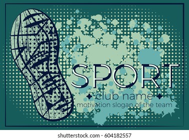 Extreme sport vector logo. Lettering composition with the imprint sole of a sports shoe and grunge patterns isolated on color background. Best for sports team emblem, banner, print design for t-shirt.