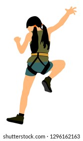 Extreme sport woman climb skill without rope. Girl climbing vector illustration, isolated on background. Sport weekend action in adventure park. Rock wall for fun. Tough and healthy climber discipline