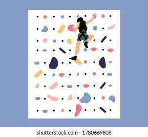 Extreme sport woman climb skill without rope. Girl climbing vector illustration, isolated on background. Sport weekend action in adventure park. Rock wall for fun. Tough and healthy climber discipline