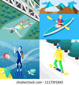 Extreme sports 2x2 design concept with people engaging in bungee jumping diving kayaking snowboarding isometric vector illustration