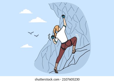 Extreme sports and active leisure in summer concept. Woman sportsman in sports clothes climbing up natural hill outdoors vector illustration 