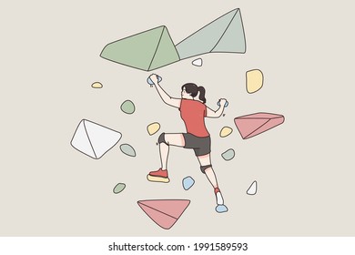 Extreme sports and active lifestyle concept. Young woman cartoon character climbing artificial hill step by step feeling excited to achieve aim vector illustration 