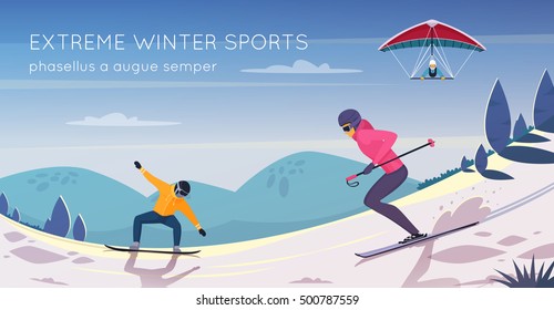 Poster composição plana atividades esportivas radicais com snowboard ski e kitesurf contra montanhas fundo ilustração vetorial