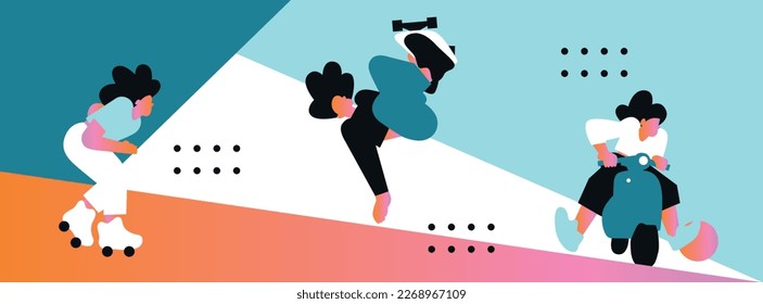Extreme sports background. Roller-skates. Bike. Creative illustration for poster, web, landing, page, cover, ad, greeting, card, promotion. Eps 10 vector.
