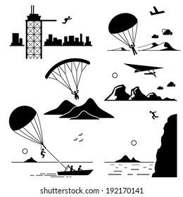 Extreme Sports - Base Jumping, Parachuting, Paragliding, Hang Gliding, Parasailing, Cliff Jump - Stick Figure Pictogram Icons Cliparts